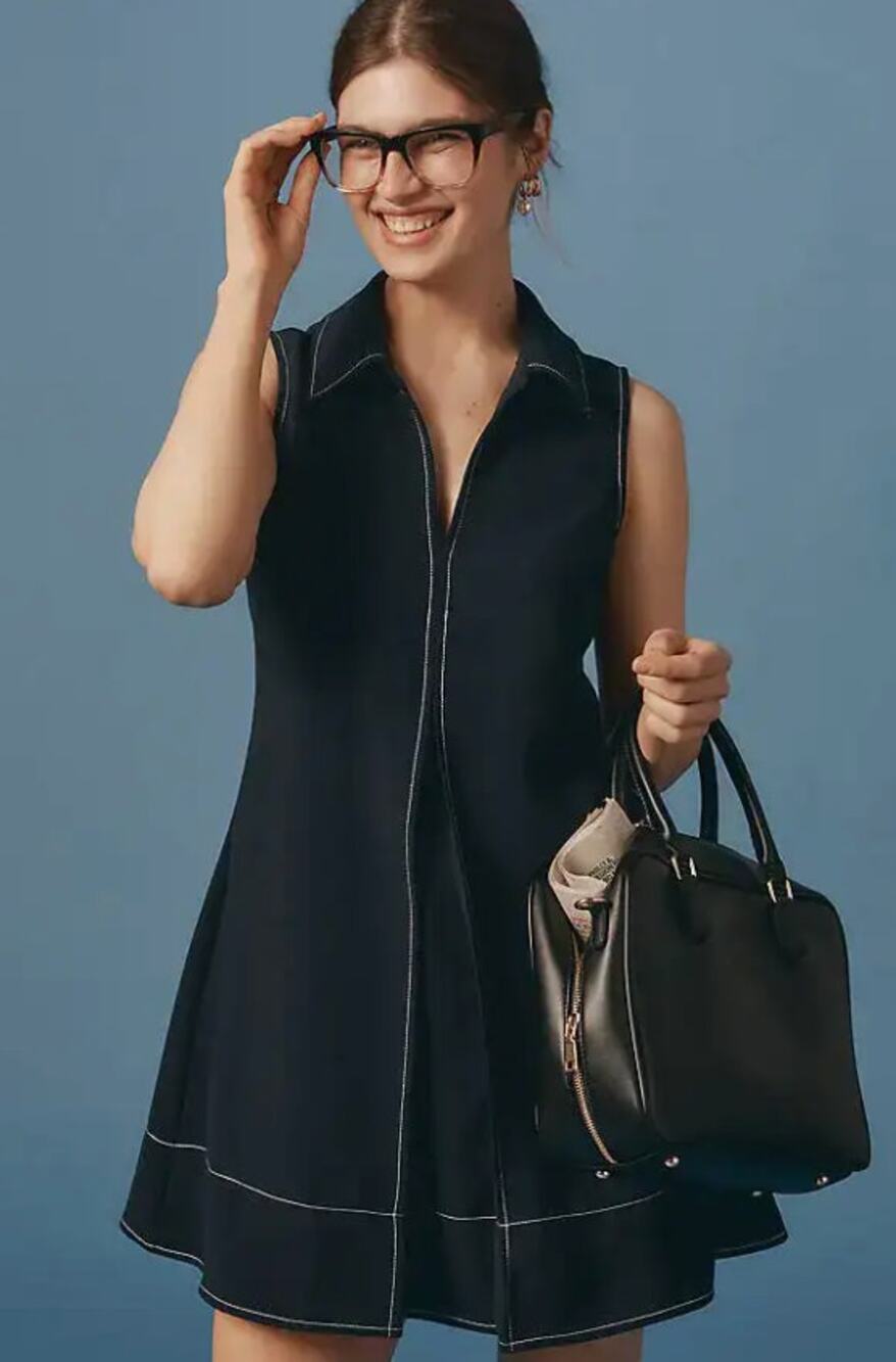 English Factory Sleeveless Collared A-Line Mini Dress in Navy